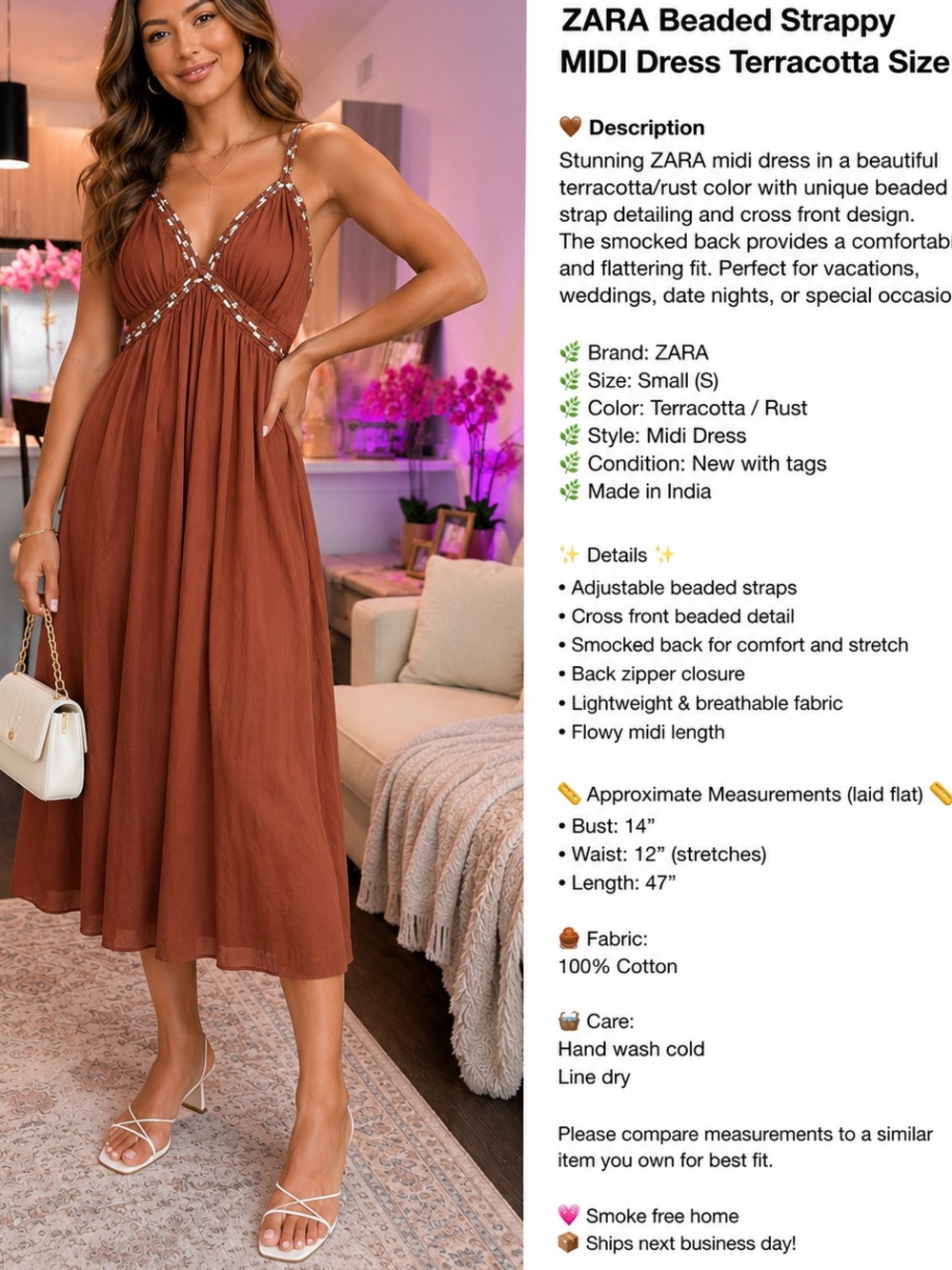 ZARA Beaded Strappy Terracotta Rust Midi Dress NWT Size S - Picture 4 of 4